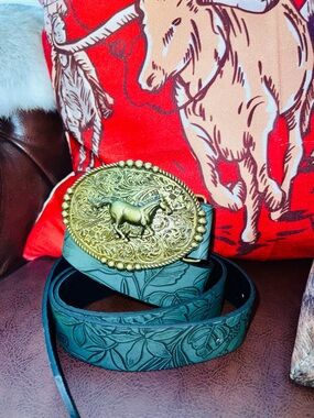 Teal Floral Tooled Leather Belt with Brass Horse Buckle